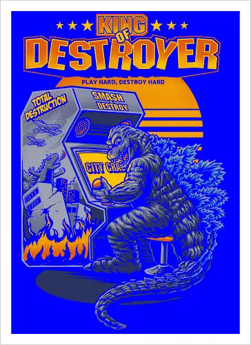 Kaiju-Monster beim Arcade-Videospiel – „City Crash“-Kunst