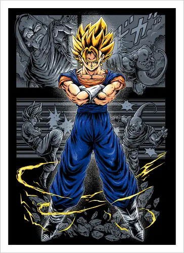 Super Saiyajin Vegito – Retro-Manga-Panel-Kunst - DBZ, Anime Fight, Manga Panel, Shonen Jump, 90s Nostalgia, Gym Motivation, Otaku, Weeb, Japanese Aesthetic, Yosha, Ultimate Warrior, Action Anime, Heavy Inking, Comic Style, SSJ, Anime Streetwear, Saiyan Pride, DBZ Fanart, Vintage Anime - Kunstdruck