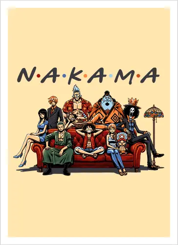 Nakama-Freunde-Parodie – Pirate: Strohhutpiraten auf der Couch - Pirate, Straw Hat Pirates, Nakama, Friends TV Show Parody, The One With The Pirates, Roronoa Zoro, Nami, Sanji, Tony Tony Chopper, Nico Robin, Franky, Brook, Jinbe, Anime Crossover, Funny Anime, Sitcom Couch, Orange Couch, 90s Nostalgia, Pop Culture Mashup, Weeb, Otaku, Anime Streetwear, Grand Line, Anime Family - Kunstdruck