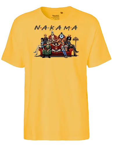Nakama-Freunde-Parodie – Pirate: Strohhutpiraten auf der Couch - Pirate, Straw Hat Pirates, Nakama, Friends TV Show Parody, The One With The Pirates, Roronoa Zoro, Nami, Sanji, Tony Tony Chopper, Nico Robin, Franky, Brook, Jinbe, Anime Crossover, Funny Anime, Sitcom Couch, Orange Couch, 90s Nostalgia, Pop Culture Mashup, Weeb, Otaku, Anime Streetwear, Grand Line, Anime Family - Fairtrade T-Shirt