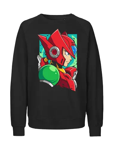 Crimson Maverick: The Red Hunter - Maverick Hunter shirt, red reploid merch, retro gaming graphic tee, 90s platformer apparel, mecha anime streetwear, cybernetic hero design, classic arcade gamer shirt, nostalgic video game tee, cyborg sword clothing, red armor robot graphic - Fairtrade Sweatshirt