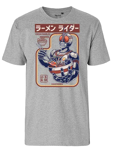 Kamen Rider isst Ramen-Nudeln – lustige Parodie - Kamen Rider-Parodie, Ramen Rider, Tokusatsu-Held, Ramen-Nudeln, japanisches Essen, Masked Rider, Henshin, lustige Ramen, Anime-Essen, Nudel-Liebhaber, Retro-Superheld, Anime-Parodie, Otaku, Ramen-Schüssel, Popkultur-Mashup - Fairtrade T-Shirt
