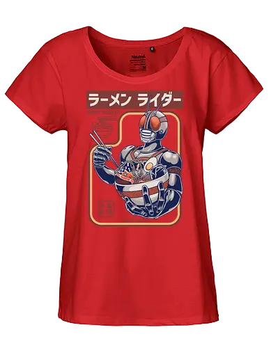 Kamen Rider isst Ramen-Nudeln – lustige Parodie - Kamen Rider-Parodie, Ramen Rider, Tokusatsu-Held, Ramen-Nudeln, japanisches Essen, Masked Rider, Henshin, lustige Ramen, Anime-Essen, Nudel-Liebhaber, Retro-Superheld, Anime-Parodie, Otaku, Ramen-Schüssel, Popkultur-Mashup - Fairtrade Girl Shirt