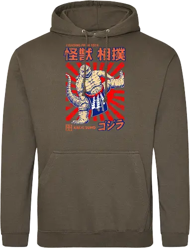 Kaiju als Kaiju-Sumo-Ringer – Parodie auf japanische Monster - Kaiju, Kaiju, Kaiju-Sumo, Sumo-Ringer, lustige Monster-Parodie, japanisches Wrestling, Kaiju-Kampf, Kampf aus dem Jahr 1954, japanisches Retro-Thema, Otaku-Humor, Riesenmonster, radioaktiver Dinosaurier, Sumo-Kampf, Kampfsport-Parodie, Tokio-Monster, Nerd-Humor, Popkultur-Mashup, Schwergewichts-Champion, Yokozuna, Kaiju-Fanart, lustiger Dinosaurier, japanische Streetwear - Standard Hoodie
