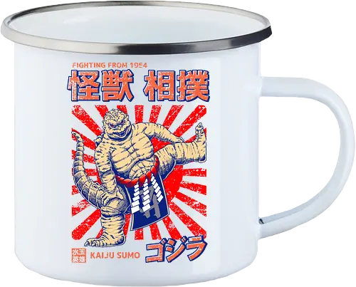 Kaiju als Kaiju-Sumo-Ringer – Parodie auf japanische Monster - Kaiju, Kaiju, Kaiju-Sumo, Sumo-Ringer, lustige Monster-Parodie, japanisches Wrestling, Kaiju-Kampf, Kampf aus dem Jahr 1954, japanisches Retro-Thema, Otaku-Humor, Riesenmonster, radioaktiver Dinosaurier, Sumo-Kampf, Kampfsport-Parodie, Tokio-Monster, Nerd-Humor, Popkultur-Mashup, Schwergewichts-Champion, Yokozuna, Kaiju-Fanart, lustiger Dinosaurier, japanische Streetwear - Emailletasse