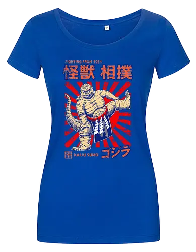 Kaiju als Kaiju-Sumo-Ringer – Parodie auf japanische Monster - Kaiju, Kaiju, Kaiju-Sumo, Sumo-Ringer, lustige Monster-Parodie, japanisches Wrestling, Kaiju-Kampf, Kampf aus dem Jahr 1954, japanisches Retro-Thema, Otaku-Humor, Riesenmonster, radioaktiver Dinosaurier, Sumo-Kampf, Kampfsport-Parodie, Tokio-Monster, Nerd-Humor, Popkultur-Mashup, Schwergewichts-Champion, Yokozuna, Kaiju-Fanart, lustiger Dinosaurier, japanische Streetwear - Damen T-Shirt