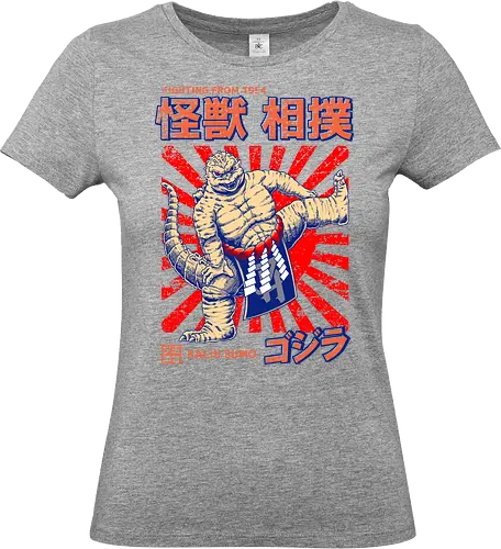 Kaiju als Kaiju-Sumo-Ringer – Parodie auf japanische Monster - Kaiju, Kaiju, Kaiju-Sumo, Sumo-Ringer, lustige Monster-Parodie, japanisches Wrestling, Kaiju-Kampf, Kampf aus dem Jahr 1954, japanisches Retro-Thema, Otaku-Humor, Riesenmonster, radioaktiver Dinosaurier, Sumo-Kampf, Kampfsport-Parodie, Tokio-Monster, Nerd-Humor, Popkultur-Mashup, Schwergewichts-Champion, Yokozuna, Kaiju-Fanart, lustiger Dinosaurier, japanische Streetwear - Standard T-Shirt (Frauen)