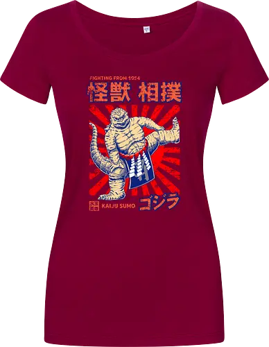 Kaiju als Kaiju-Sumo-Ringer – Parodie auf japanische Monster - Kaiju, Kaiju, Kaiju-Sumo, Sumo-Ringer, lustige Monster-Parodie, japanisches Wrestling, Kaiju-Kampf, Kampf aus dem Jahr 1954, japanisches Retro-Thema, Otaku-Humor, Riesenmonster, radioaktiver Dinosaurier, Sumo-Kampf, Kampfsport-Parodie, Tokio-Monster, Nerd-Humor, Popkultur-Mashup, Schwergewichts-Champion, Yokozuna, Kaiju-Fanart, lustiger Dinosaurier, japanische Streetwear - Damen T-Shirt