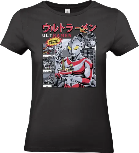 Ultramen Ramen-Nudelsuppe – Lustige Kaiju-Topping-Parodie - Ultraman-Parodie, Ultramen, Ramen-Nudeln, Lustiges Tokusatsu, Parodie auf japanisches Essen, Kaiju-Kampf, Frische Kaiju-Beilage, Alien Baltan, Riesige Monstersuppe, Superhelden beim Essen, Otaku-Humor, Japanische Streetwear, Foodie-Kleidung, Nudel-Liebhaber, Skyline von Tokio, Retro-japanisches Fernsehen, Sci-Fi-Komödie, Monster-Menü, Wortspiel-Grafik, Helden-Appetit, Riesenroboter - Standard T-Shirt (Frauen)
