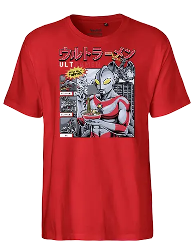 Ultramen Ramen-Nudelsuppe – Lustige Kaiju-Topping-Parodie - Ultraman-Parodie, Ultramen, Ramen-Nudeln, Lustiges Tokusatsu, Parodie auf japanisches Essen, Kaiju-Kampf, Frische Kaiju-Beilage, Alien Baltan, Riesige Monstersuppe, Superhelden beim Essen, Otaku-Humor, Japanische Streetwear, Foodie-Kleidung, Nudel-Liebhaber, Skyline von Tokio, Retro-japanisches Fernsehen, Sci-Fi-Komödie, Monster-Menü, Wortspiel-Grafik, Helden-Appetit, Riesenroboter - Fairtrade T-Shirt