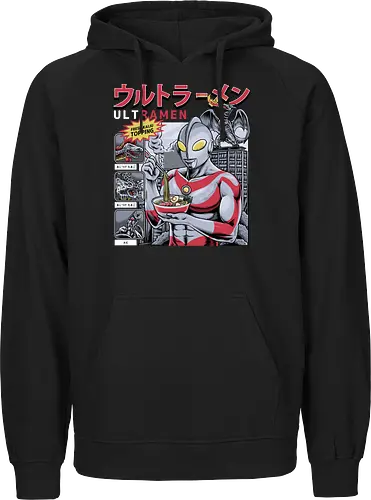 Ultramen Ramen-Nudelsuppe – Lustige Kaiju-Topping-Parodie - Ultraman-Parodie, Ultramen, Ramen-Nudeln, Lustiges Tokusatsu, Parodie auf japanisches Essen, Kaiju-Kampf, Frische Kaiju-Beilage, Alien Baltan, Riesige Monstersuppe, Superhelden beim Essen, Otaku-Humor, Japanische Streetwear, Foodie-Kleidung, Nudel-Liebhaber, Skyline von Tokio, Retro-japanisches Fernsehen, Sci-Fi-Komödie, Monster-Menü, Wortspiel-Grafik, Helden-Appetit, Riesenroboter - Fairtrade Hoodie