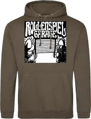 Logo des Podcasts RollenspielGarage in Graustufen. Design by CrlBox. Feuerball!