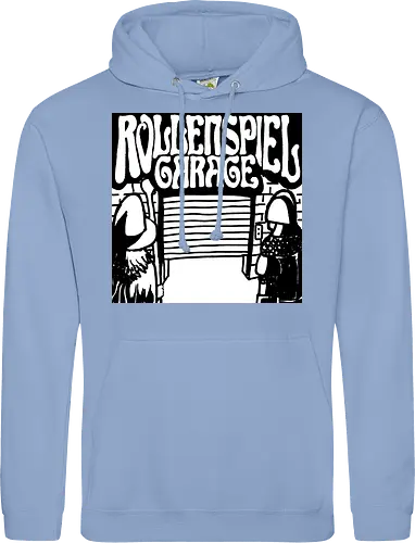 Logo des Podcasts RollenspielGarage in Graustufen. Design by CrlBox. Feuerball!
