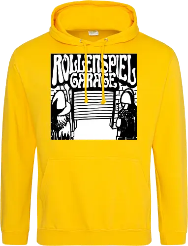 Logo des Podcasts RollenspielGarage in Graustufen. Design by CrlBox. Feuerball!