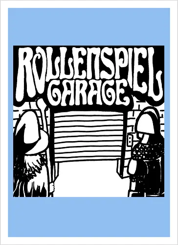 Logo des Podcasts RollenspielGarage in Graustufen. Design by CrlBox. Feuerball!