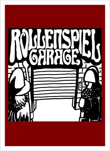 Logo des Podcasts RollenspielGarage in Graustufen. Design by CrlBox. Feuerball!