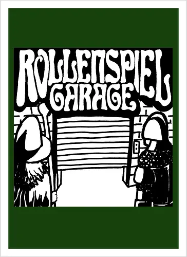 Logo des Podcasts RollenspielGarage in Graustufen. Design by CrlBox. Feuerball!