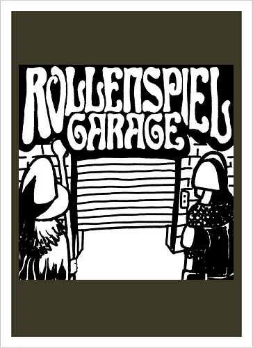 Logo des Podcasts RollenspielGarage in Graustufen. Design by CrlBox. Feuerball!