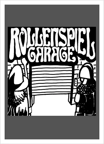 Logo des Podcasts RollenspielGarage in Graustufen. Design by CrlBox. Feuerball!