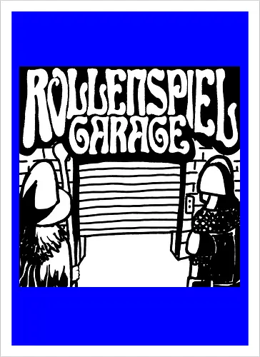 Logo des Podcasts RollenspielGarage in Graustufen. Design by CrlBox. Feuerball!