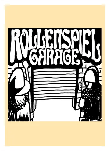 Logo des Podcasts RollenspielGarage in Graustufen. Design by CrlBox. Feuerball!