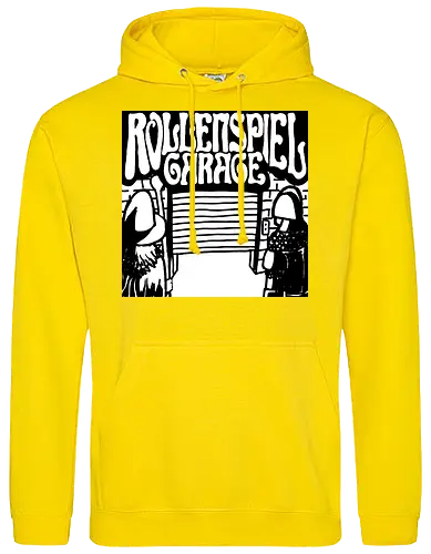 Logo des Podcasts RollenspielGarage in Graustufen. Design by CrlBox. Feuerball!