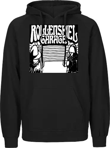 Logo des Podcasts RollenspielGarage in Graustufen. Design by CrlBox. Feuerball!