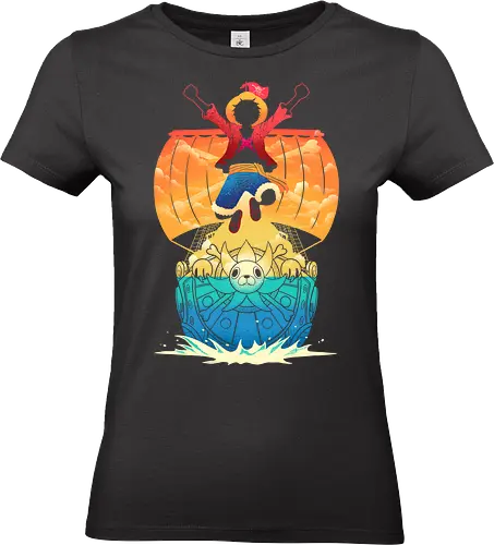 Adventure Never Sinks - anime, adventure, geek, japan, japanese, manga, negative space art, otaku, pirate, sea, ship, skull, travel, treasure, voyage - Standard T-Shirt (Frauen)