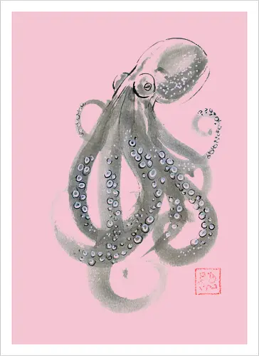 grey octopuss - octopuss, sumie, napan - Kunstdruck