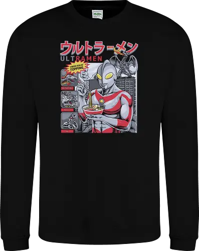 Ultraman isst Ramen-Nudeln vor dem Kampf gegen Kaiju (Parodie) - ultraman parody, ramen noodles, kaiju monster, tokusatsu hero, funny ramen, japanese superhero, anime food, noodle lover, giant monster, ultraman, retro japanese, japanese pop culture, superhero mashup, foodie humor, kaiju parody - Sweatshirt