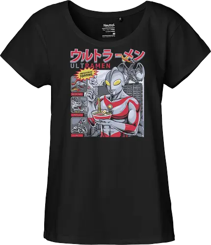 Ultraman isst Ramen-Nudeln vor dem Kampf gegen Kaiju (Parodie) - ultraman parody, ramen noodles, kaiju monster, tokusatsu hero, funny ramen, japanese superhero, anime food, noodle lover, giant monster, ultraman, retro japanese, japanese pop culture, superhero mashup, foodie humor, kaiju parody - Fairtrade Girl Shirt