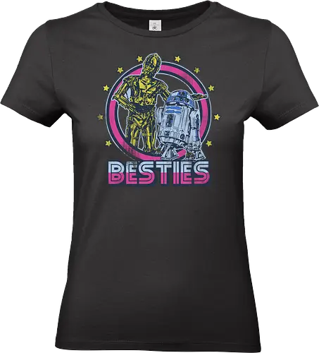 Retro Roboter Besties – Bestes Duo der Galaxis - roboter besties kunst, retro roboter duo, galaxis freunde design, vintage roboter druck, sci-fi besties kunst, goldener roboter duo, roboter freundschaft retro, science fiction kunst, protokoll roboter design, astromech roboter kunst, besties galaxis druck, sci-fi vintage abzeichen, ikonisches roboter duo, Space Opera, retro weltraum freunde, bunte roboter kunst - Standard T-Shirt (Frauen)