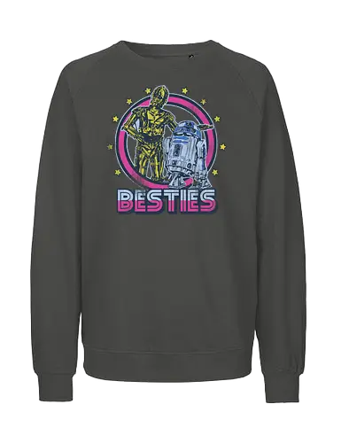 Retro Roboter Besties – Bestes Duo der Galaxis - roboter besties kunst, retro roboter duo, galaxis freunde design, vintage roboter druck, sci-fi besties kunst, goldener roboter duo, roboter freundschaft retro, science fiction kunst, protokoll roboter design, astromech roboter kunst, besties galaxis druck, sci-fi vintage abzeichen, ikonisches roboter duo, Space Opera, retro weltraum freunde, bunte roboter kunst - Fairtrade Sweatshirt