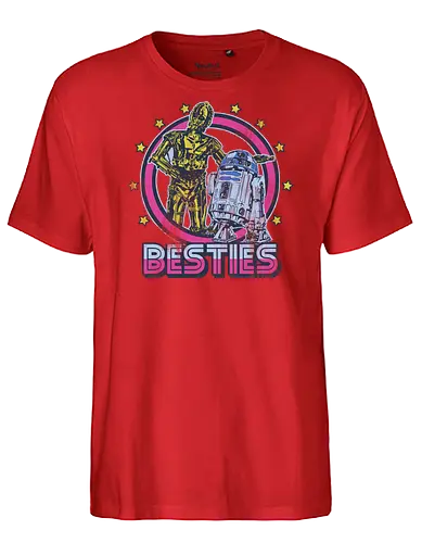 Retro Roboter Besties – Bestes Duo der Galaxis - roboter besties kunst, retro roboter duo, galaxis freunde design, vintage roboter druck, sci-fi besties kunst, goldener roboter duo, roboter freundschaft retro, science fiction kunst, protokoll roboter design, astromech roboter kunst, besties galaxis druck, sci-fi vintage abzeichen, ikonisches roboter duo, Space Opera, retro weltraum freunde, bunte roboter kunst - Fairtrade T-Shirt