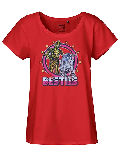 Retro Roboter Besties – Bestes Duo der Galaxis - roboter besties kunst, retro roboter duo, galaxis freunde design, vintage roboter druck, sci-fi besties kunst, goldener roboter duo, roboter freundschaft retro, science fiction kunst, protokoll roboter design, astromech roboter kunst, besties galaxis druck, sci-fi vintage abzeichen, ikonisches roboter duo, Space Opera, retro weltraum freunde, bunte roboter kunst - Fairtrade Girl Shirt