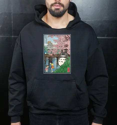 Castles and cherry blossoms with my neighbor - anime, manga, japan, japanese art, my neighbor, otaku, miyazaki - Cropped Hoodie