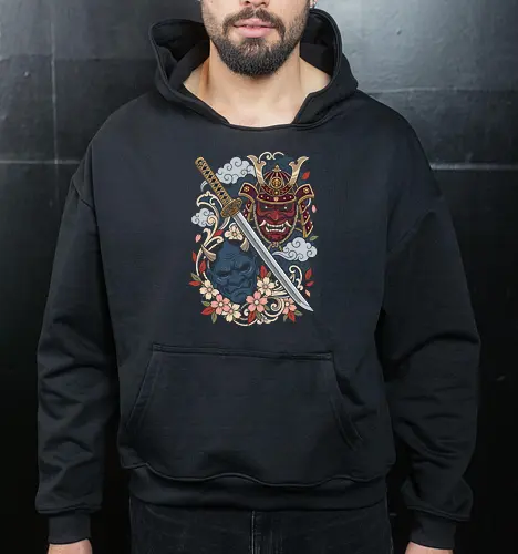Spirits of the Blade: Samurai & Oni - Japanese samurai shirt, Oni mask graphic tee, Irezumi tattoo apparel, katana sword design, neo traditional tattoo shirt, cherry blossom streetwear, Japanese folklore clothing, Yokai demon tee, aesthetic samurai merch, martial arts graphic shirt - Cropped Hoodie