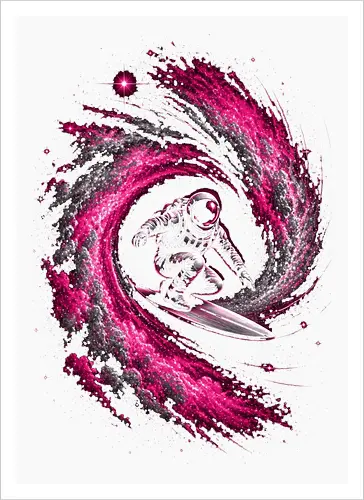 Astronaut Surfing a Cosmic Wave Pink