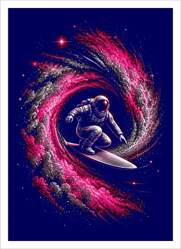 Astronaut Surfing a Cosmic Wave Pink