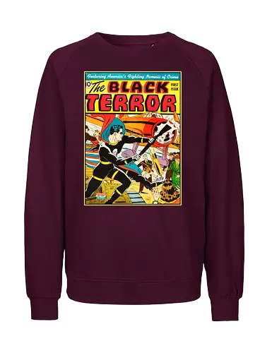 Black Terror #1 – Amerikas kämpfender Erzfeind des Verbrechens ist da - Vintage-Superhelden-T-Shirt aus dem Zweiten Weltkrieg, Golden-Age-Helden-T-Shirt, Superhelden-Kleidung mit Totenkopfkostüm, Kriegszeit-Comic-T-Shirt, Superhelden-T-Shirt im Stil der 1940er Jahre, Vintage-Kleidung mit Kriegsheldenmotiv, Retro-Comic-Cover-T-Shirt, Patriotisches Helden-T-Shirt, Vintage-Kleidung aus der Zeit des Zweiten Weltkriegs, T-Shirt mit Comic-Kunst der Golden Age, Helden-T-Shirt mit Totenkopf-und-Knochen-Motiv, Vintage-Kleidung mit Actionheldenmotiv, Superhelden-T-Shirt aus der Kriegszeit, Retro-Kriegshelden-T-Shirt, Klassische Golden-Age-Kleidung - Fairtrade Sweatshirt