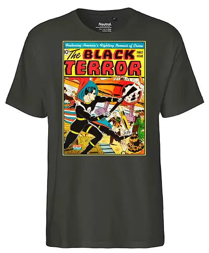 Black Terror #1 – Amerikas kämpfender Erzfeind des Verbrechens ist da - Vintage-Superhelden-T-Shirt aus dem Zweiten Weltkrieg, Golden-Age-Helden-T-Shirt, Superhelden-Kleidung mit Totenkopfkostüm, Kriegszeit-Comic-T-Shirt, Superhelden-T-Shirt im Stil der 1940er Jahre, Vintage-Kleidung mit Kriegsheldenmotiv, Retro-Comic-Cover-T-Shirt, Patriotisches Helden-T-Shirt, Vintage-Kleidung aus der Zeit des Zweiten Weltkriegs, T-Shirt mit Comic-Kunst der Golden Age, Helden-T-Shirt mit Totenkopf-und-Knochen-Motiv, Vintage-Kleidung mit Actionheldenmotiv, Superhelden-T-Shirt aus der Kriegszeit, Retro-Kriegshelden-T-Shirt, Klassische Golden-Age-Kleidung - Fairtrade T-Shirt