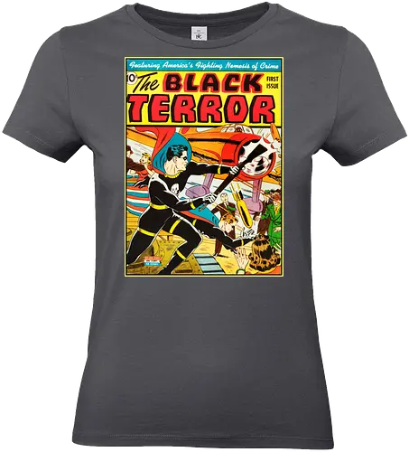 Black Terror #1 – Amerikas kämpfender Erzfeind des Verbrechens ist da - Vintage-Superhelden-T-Shirt aus dem Zweiten Weltkrieg, Golden-Age-Helden-T-Shirt, Superhelden-Kleidung mit Totenkopfkostüm, Kriegszeit-Comic-T-Shirt, Superhelden-T-Shirt im Stil der 1940er Jahre, Vintage-Kleidung mit Kriegsheldenmotiv, Retro-Comic-Cover-T-Shirt, Patriotisches Helden-T-Shirt, Vintage-Kleidung aus der Zeit des Zweiten Weltkriegs, T-Shirt mit Comic-Kunst der Golden Age, Helden-T-Shirt mit Totenkopf-und-Knochen-Motiv, Vintage-Kleidung mit Actionheldenmotiv, Superhelden-T-Shirt aus der Kriegszeit, Retro-Kriegshelden-T-Shirt, Klassische Golden-Age-Kleidung - Standard T-Shirt (Frauen)