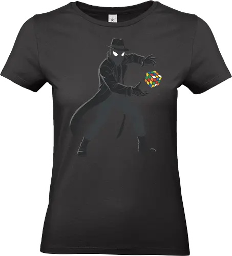 Noir Web Detective & The Colorful Puzzle Cube - comic book, noir, detective, vigilante, puzzle cube, magic cube, superhero, alternate universe, monochrome, trench coat, fedora, web mask, retro toy, 80s toy, logic puzzle, speedcubing, geek, nerd art, black and white, pop culture mashup - Standard T-Shirt (Frauen)