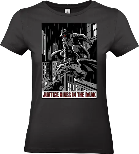 Justice Hides In The Dark - Noir Masked Vigilante - noir, vigilante, gargoyle, detective, justice hides in the dark, comic book art, dark city, masked hero, trench coat, fedora, retro comic, 1930s aesthetic, Retro, rainy city, gothic, antihero, crime fighter, mystery, justice, shadowy figure - Standard T-Shirt (Frauen)
