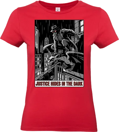 Justice Hides In The Dark - Noir Masked Vigilante - noir, vigilante, gargoyle, detective, justice hides in the dark, comic book art, dark city, masked hero, trench coat, fedora, retro comic, 1930s aesthetic, Retro, rainy city, gothic, antihero, crime fighter, mystery, justice, shadowy figure - Standard T-Shirt (Frauen)