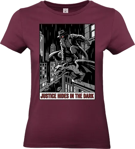 Justice Hides In The Dark - Noir Masked Vigilante - noir, vigilante, gargoyle, detective, justice hides in the dark, comic book art, dark city, masked hero, trench coat, fedora, retro comic, 1930s aesthetic, Retro, rainy city, gothic, antihero, crime fighter, mystery, justice, shadowy figure - Standard T-Shirt (Frauen)