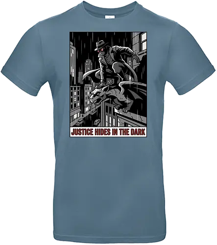 Justice Hides In The Dark - Noir Masked Vigilante - noir, vigilante, gargoyle, detective, justice hides in the dark, comic book art, dark city, masked hero, trench coat, fedora, retro comic, 1930s aesthetic, Retro, rainy city, gothic, antihero, crime fighter, mystery, justice, shadowy figure - Standard T-Shirt