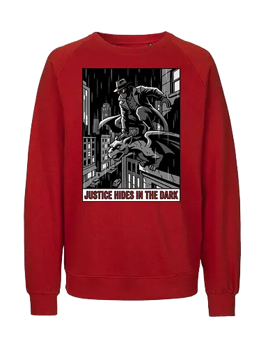Justice Hides In The Dark - Noir Masked Vigilante - noir, vigilante, gargoyle, detective, justice hides in the dark, comic book art, dark city, masked hero, trench coat, fedora, retro comic, 1930s aesthetic, Retro, rainy city, gothic, antihero, crime fighter, mystery, justice, shadowy figure - Fairtrade Sweatshirt