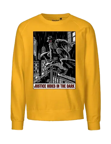 Justice Hides In The Dark - Noir Masked Vigilante - noir, vigilante, gargoyle, detective, justice hides in the dark, comic book art, dark city, masked hero, trench coat, fedora, retro comic, 1930s aesthetic, Retro, rainy city, gothic, antihero, crime fighter, mystery, justice, shadowy figure - Fairtrade Sweatshirt