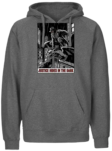 Justice Hides In The Dark - Noir Masked Vigilante - noir, vigilante, gargoyle, detective, justice hides in the dark, comic book art, dark city, masked hero, trench coat, fedora, retro comic, 1930s aesthetic, Retro, rainy city, gothic, antihero, crime fighter, mystery, justice, shadowy figure - Fairtrade Hoodie